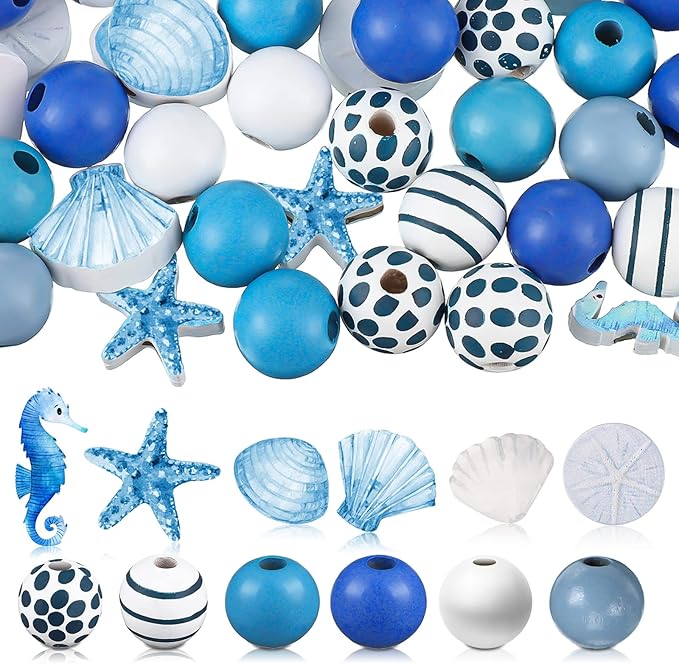 200 Pcs Ocean Theme Wood Beads for Crafts Colored Wooden Beads with Holes Blue Nautical Starfish Conch Seashell Round Spacer Crafts Kits Polished for DIY Art Summer Beach Party Decor