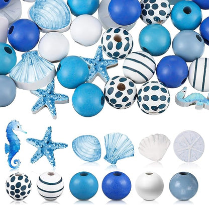 200 Pcs Ocean Theme Wood Beads for Crafts Colored Wooden Beads with Holes Blue Nautical Starfish Conch Seashell Round Spacer Crafts Kits Polished for DIY Art Summer Beach Party Decor