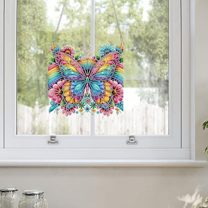 AiYuanzsh Diamond Art Suncatcher Hanging Kit Rainbow Butterfly with Flowers, Colorful Special Shaped Diamond Painting Ornament for Adults, DIY 5D Crystal Diamond Art Pendant Decoration