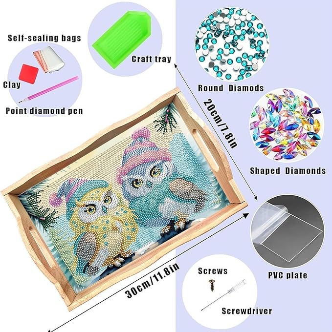 FGbaby DIY 5D Cute Owl Diamond Painting Wood Serving Tray with Handles Diamond Art Decoration Serving Trays Wooden Tray for Breakfast in Bed, Patio, BBQ, Coffee Table, Party –Great for Lap & Couch