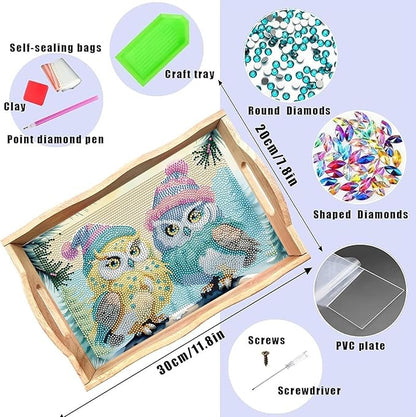 FGbaby DIY 5D Cute Owl Diamond Painting Wood Serving Tray with Handles Diamond Art Decoration Serving Trays Wooden Tray for Breakfast in Bed, Patio, BBQ, Coffee Table, Party –Great for Lap & Couch