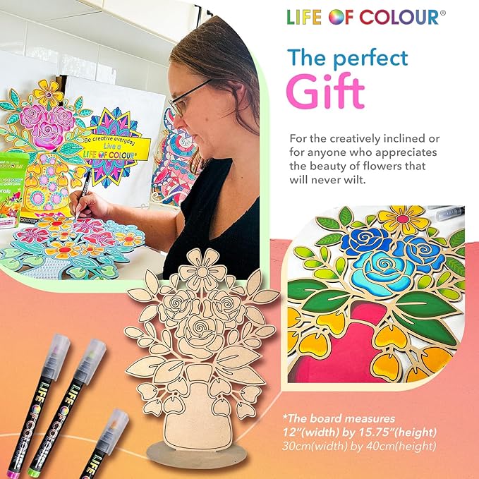 Life of Colour Painting Kit - Color Your Own 2 Flower in Vase Boards Acrylic Paint Pens for No Mess Painting - 15.7 x 11.8 Inches for Joyful Display - Arts and Crafts for Adults