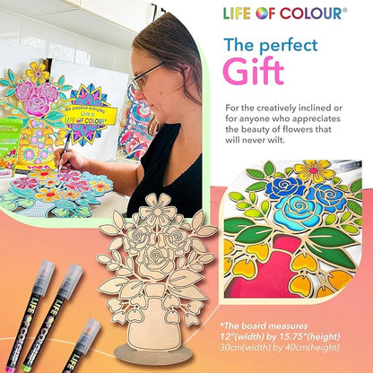 Life of Colour Painting Kit - Color Your Own 2 Flower in Vase Boards Acrylic Paint Pens for No Mess Painting - 15.7 x 11.8 Inches for Joyful Display - Arts and Crafts for Adults