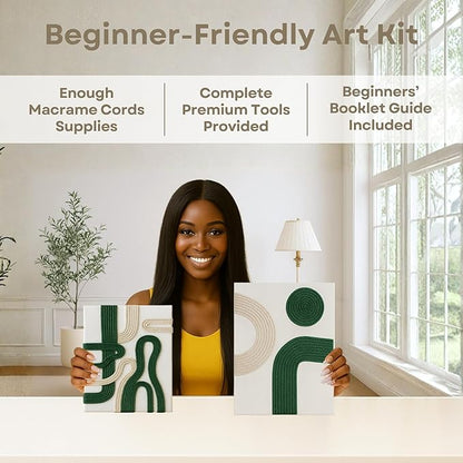 Macrame Kit for Beginners - DIY Rope Canvas Wall Art Kit with Ropes Supplies & Tools | DIY Macrame Art Wall Hanging Decor Starter Set, Craft Kits for Adults, Boho Aesthetic Home Decoration (Green)