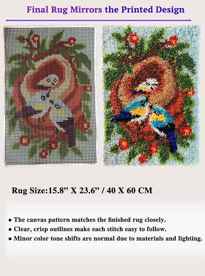 KitsMaster Heartwarming Bluebird & Baby Family Latch Hook Rug Kit, DIY Yarn Hooking Kit, Cozy Home Décor Craft Gift, 23.6''x15.8'' (Nest of Love)