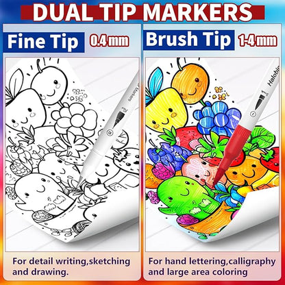 Halobios 120 Dual Tip Art Marker Pens, Color by Number Markers, Professional Brush & Fine Tips Coloring Markers for Student Adults Colouring Book Sketching Drawing Lettering Greeting Cards Gift