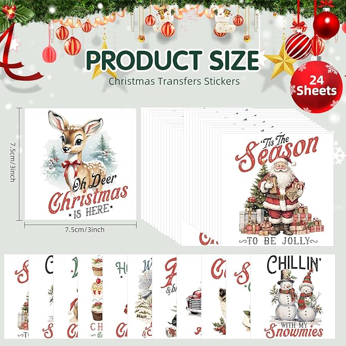 24 Sheets Vintage Christmas Rub On Transfers for Crafts, Rub On Transfers Christmas for Wood，Furniture Decals, Glass, Porcelain, Leather, Canvas, Fabric Projects,3 * 3inch(Vintage Christmas)