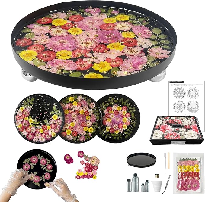 GooCare DIY Decorative Tray Craft Kit for Adult - Create Your Own Real Flower Tray with Epoxy Resin, Metal Tray for Vanity, Perfume, Key, Trinket Organizer, Table Decor (Black, Basic)