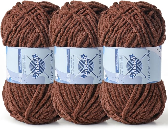 Chunky Chenille Yarn for Crocheting，Baby Yarn for Crocheting Soft Blankets，Bulky Yarns for Crochet Amigurumi，3×100g (3×74.3yds) Fluffy Velvet Yarns for Hand Knitting (3 Deep Coffee)
