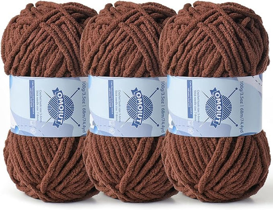 Chunky Chenille Yarn for Crocheting，Baby Yarn for Crocheting Soft Blankets，Bulky Yarns for Crochet Amigurumi，3×100g (3×74.3yds) Fluffy Velvet Yarns for Hand Knitting (3 Deep Coffee)