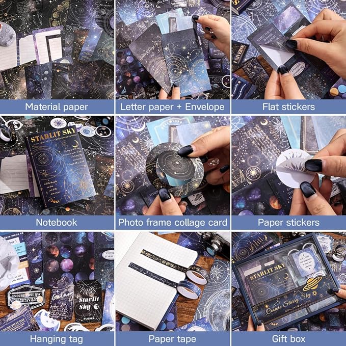 icceemee Scrapbooking Supplies Kit, Blue Starry Sky Scrapbooking Kit for Bullet Junk Journaling, Stationery, A6 Grid Notebook, Flower DIY Journaling Supplies, Birthday Craft Gift for Teen Girls