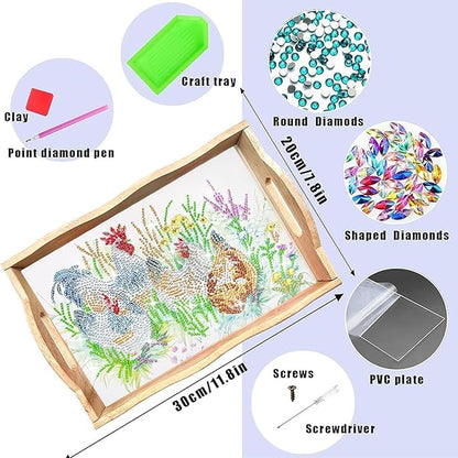 DIY Diamond Art Wooden Tray Kit, Food Tray with Handle Diamond Painted Table Decoration Tray, for Breakfast, Bar Dinner Table Diamond Dots Gem Painting Art Set for Beginners-#25-Chicken
