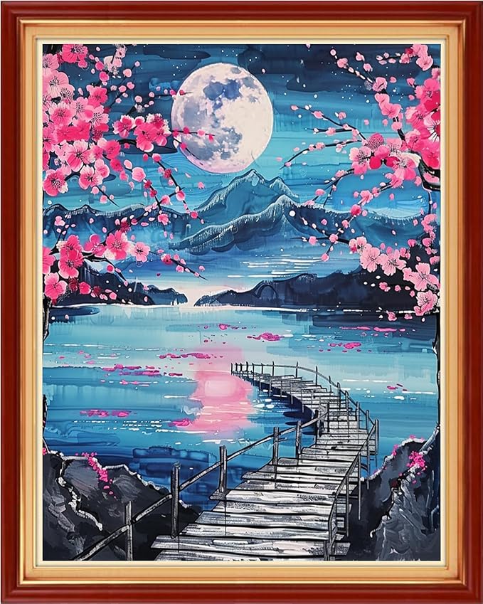 Foxhool Stamped Cross Stitch Kits,11CT Printed Cross Stitch Pattern Full Embroidery Kits for Beginner Needlepoint Kits-Moonlit Peach Blossoms 16x20 inch