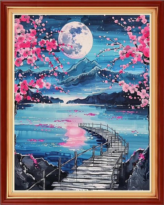 Foxhool Stamped Cross Stitch Kits,11CT Printed Cross Stitch Pattern Full Embroidery Kits for Beginner Needlepoint Kits-Moonlit Peach Blossoms 16x20 inch