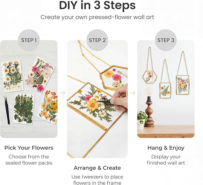 Relaxing Garden Pressed Flower Craft Kit for Adults & Women, DIY Floating Double Glass Frame Kit with Real Dried Flowers, Handmade Gift Art Project for Home Décor, Keepsake & Creative Crafts