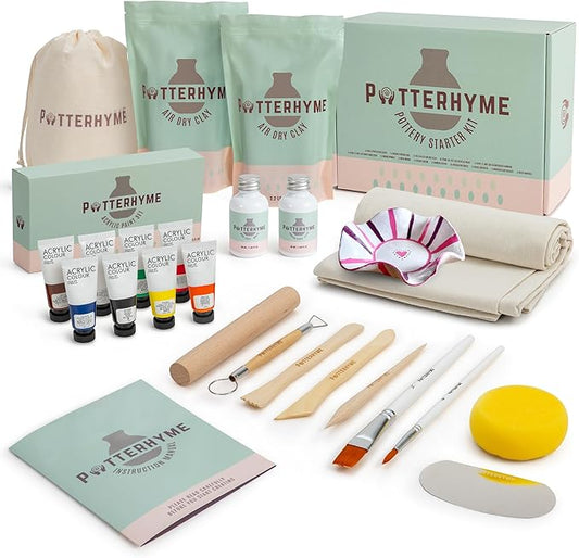 Pottery Starter Kit for Adults with Air Dry Clay – Complete Deluxe Home Sculpting & Making Set with Tools, 8 Paint Colors & Varnish - DIY Home Ceramics for Beginners, Date Night Activities Gifts