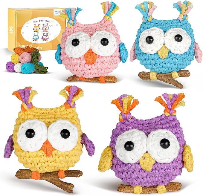 MOREJMTT Crochet Kit for Beginners, Crochet Animal Kits, Crocheting Kit for Starters, Learn to Crochet with Step-by-Step Video Tutorials, Beginner Crochet Kit for Adults(4 Pack owl)