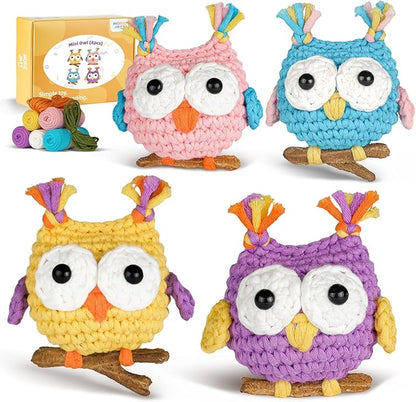 MOREJMTT Crochet Kit for Beginners, Crochet Animal Kits, Crocheting Kit for Starters, Learn to Crochet with Step-by-Step Video Tutorials, Beginner Crochet Kit for Adults(4 Pack owl)