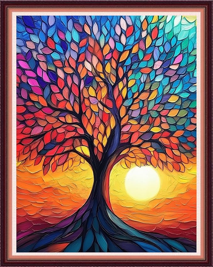 Fanxvivy Stamped Cross Stitch Kits for Beginners Full Range of Cross Stitching Preprinted Embroidery Kits for Adults, 11CT Embroidery Pattern Needlepoint Kits-Colorful Tree Sunrise 16x20 inch