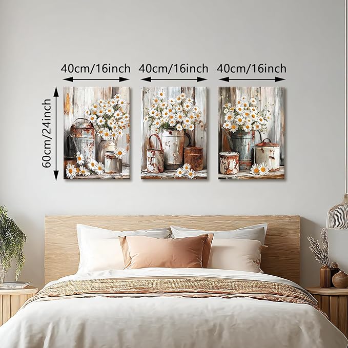 WENGTIAO 3Pcs Rustic Daisy Canvas Wall Art Fall Flower Prints Posters Vintage Country Flora Paintings Pictures Nature Botanical Artwork for Bedroom Living Room Bathroom 16x24x3