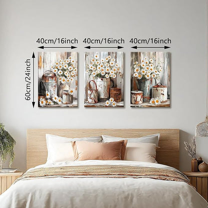 WENGTIAO 3Pcs Rustic Daisy Canvas Wall Art Fall Flower Prints Posters Vintage Country Flora Paintings Pictures Nature Botanical Artwork for Bedroom Living Room Bathroom 16x24x3