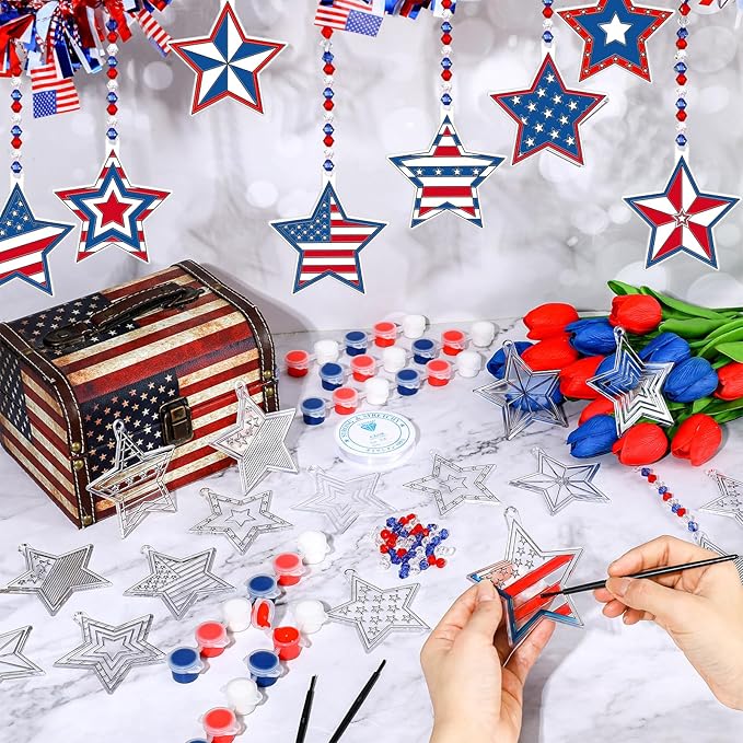 WinnerWhy 30 Sets Star Suncatchers Window Art Kits, Independence Day DIY Sun Catchers Bulk Crafts Paint Your Own Window Ornaments for Adult Home Birthday Activity Party Decor
