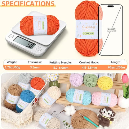 Coopay Chenille Yarn for Crocheting/Knitting, 12 Pack Medium Worsted Weight Yarn of 50g/1.76oz - Total 780yd, Soft Velvet Crochet Yarns for Plush Toys, Baby Blankets, Scarves (Colorful)