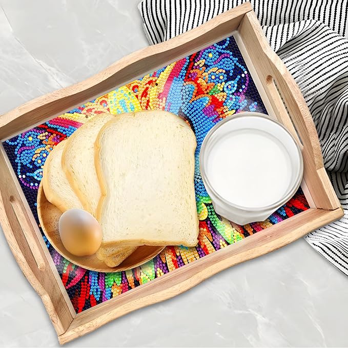 Generic FGbaby DIY 5D Owl Diamond Painting Wood Serving Tray with Handles Diamond Art Decorative Serving Trays Wooden Tray for Breakfast in Bed, Patio, BBQ, Coffee Table, Party –Great for Lap & Couch
