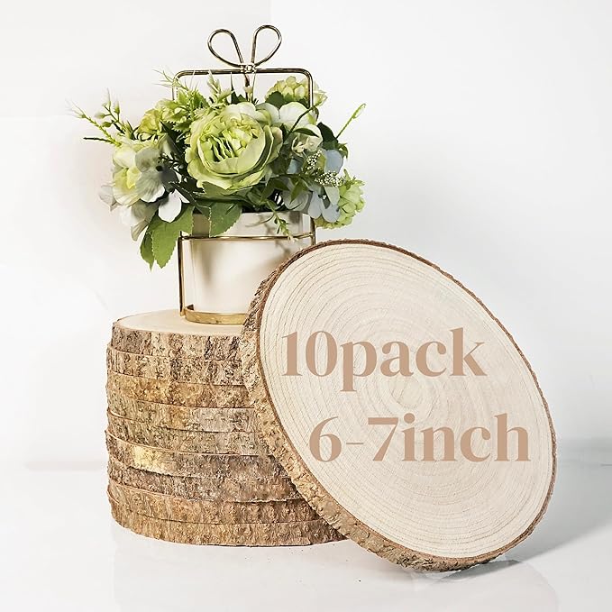 10 Pcs Large Wood Slices for Centerpieces - Rustic Wood Centerpieces for Tables, Natural Wood Slabs, Ideal for Weddings, Crafts, and DIY Projects (6-7 inch)