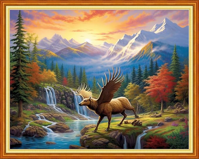 DMCVIVR Stamped Cross Stitch Kits for Beginners Adults Needlepoint Kits for Beginners Embroidery Kits for Adults Crossstitch Kit for Beginners 11CT-Elk Scenery 16x20 inchs