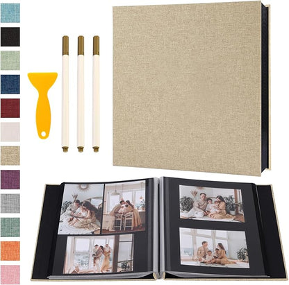 Photo Album Self Adhesive Pages Black Sticky Pages Large Scrapbook Linen Cover for 4x6 5x7 8x10 Pictures Album de Fotos Wedding Couples Baby Family Memory Book, 13.2x12.8 Yellow 120 Pages