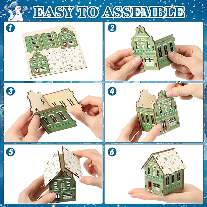 29 Pcs DIY Christmas Village Sets 12 Pcs Wood Village Houses Xmas Scene Figurines Decoration Mini Tree Desktop Ornament for Indoor Room Landscape Xmas Holiday Party Decor (Winter Style)