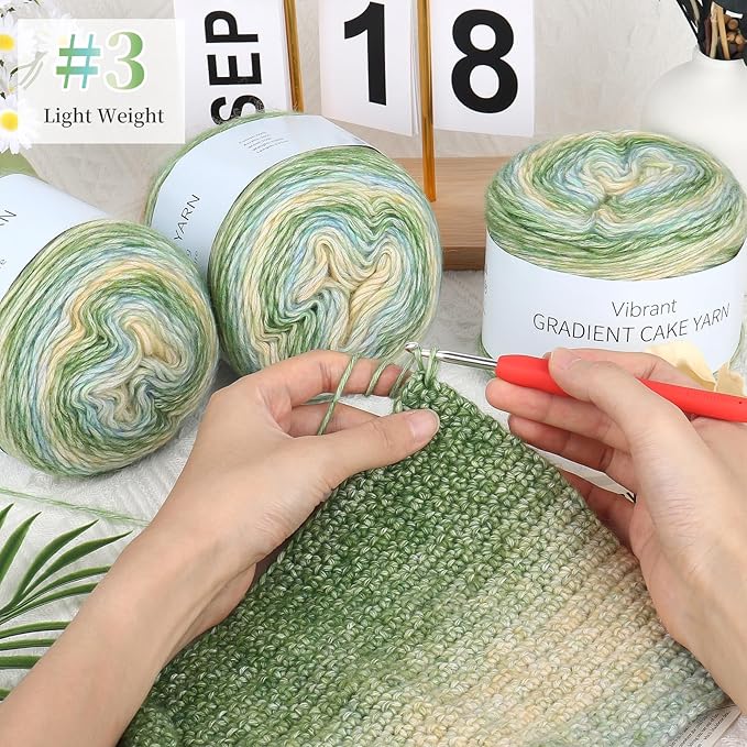 Aeelike Cake Yarn for Crocheting, 3 Skeins Gradient Cake Yarn 100g (3.52 oz) 245m (267 Yards), Super Soft Ombré Yarns Cake Rainbow Cotton Yarn for Making Colorful Crafts, Green Gradient