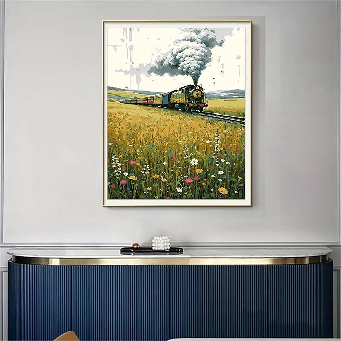 DFPSCLLA Paint by Numbers for Adults, Steam Train in Wildflower Field DIY Paint by Numbers Acrylic Paint Canvas, Painting Kits Art on Canvas for Home Wall Art 16x20 Inch（Without Frame）