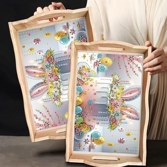 DIY Diamond Art Wooden Tray Kit, Food Tray with Handle Diamond Painted Table Decoration Tray, for Breakfast, Bar Dinner Table Diamond Dots Gem Painting Art Set for Beginners-#42-Easter Cake