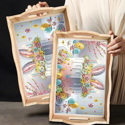 DIY Diamond Art Wooden Tray Kit, Food Tray with Handle Diamond Painted Table Decoration Tray, for Breakfast, Bar Dinner Table Diamond Dots Gem Painting Art Set for Beginners-#42-Easter Cake