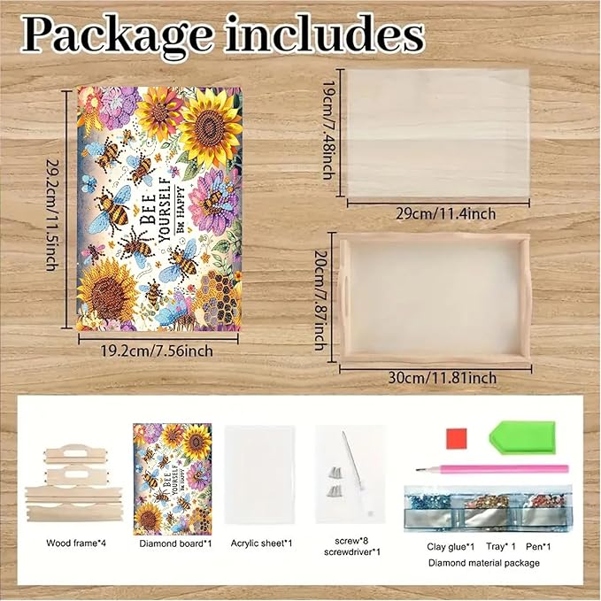 DoxQcs DIY Diamond Art Wooden Tray Kit Easter Food Tray with Handle Diamond Painted Table Decoration Tray for Breakfast Bar Dinner Table Diamond Art Painting for Beginners-#01-Sunflower Bee