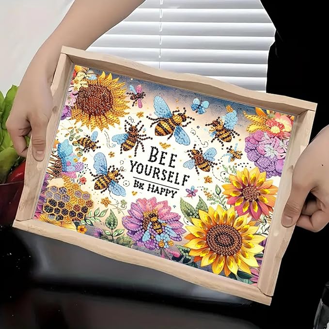 DoxQcs DIY Diamond Art Wooden Tray Kit Easter Food Tray with Handle Diamond Painted Table Decoration Tray for Breakfast Bar Dinner Table Diamond Art Painting for Beginners-#01-Sunflower Bee