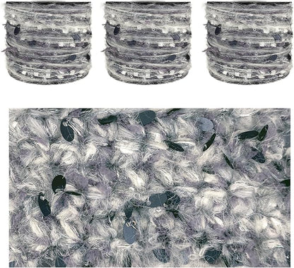 Artisanal Yarn Collection Multifiber Fancy Yarn with Sequins & Iridescent Shimmering Threads for Knitting Crocheting Crafts DIY, Set of 3 Rolls (Gray)