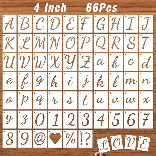 DZXCYZ 4 Inch Letter Stencils Kits, 66 Pcs Calligraphy Alphabet and Number Stencil for Painting on Wood, Reusable Plastic Art Craft Cursive Lettering Template Upper and Lower case