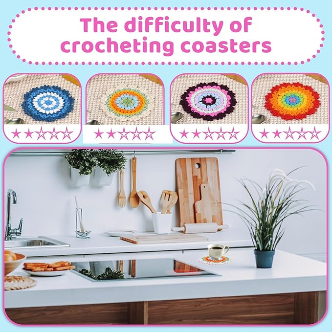 Tavkite Crochet Kit for Beginners, 4 Pack Coasters Crochet Starter Kit with Instructions and Video Tutorials, Easy to Learn Crochet Kits for Adults, Knitting Kit for Beginner DIY Craft