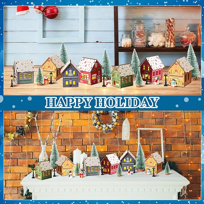 29 Pcs DIY Christmas Village Sets 12 Pcs Wood Village Houses Xmas Scene Figurines Decoration Mini Tree Desktop Ornament for Indoor Room Landscape Xmas Holiday Party Decor (Winter Style)