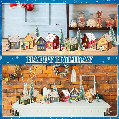 29 Pcs DIY Christmas Village Sets 12 Pcs Wood Village Houses Xmas Scene Figurines Decoration Mini Tree Desktop Ornament for Indoor Room Landscape Xmas Holiday Party Decor (Winter Style)