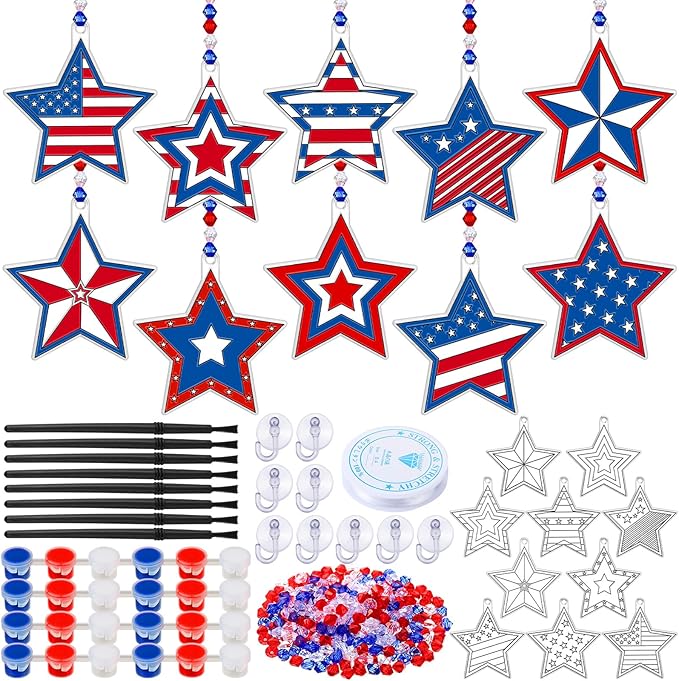 WinnerWhy 30 Sets Star Suncatchers Window Art Kits, Independence Day DIY Sun Catchers Bulk Crafts Paint Your Own Window Ornaments for Adult Home Birthday Activity Party Decor