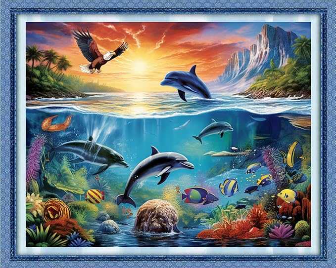 Dooxvey Cross Stitch Kits for Adults Stamped Full Range of Embroidery Starter Kits for Beginners 11CT Printed Cross Stitch Patterns Needlepoint Kits Stamped Crossstitch-Dolphin Scenery 16x20 inch