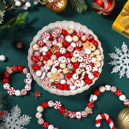Waydress 200 Pcs Christmas Beads for Crafts Christmas Wooden Beads Bulk for Jewelry Making Red and White Beads Xmas Santa Gingerbread Candy Beads for Christmas Tree Garland DIY Holiday Hanging Decor