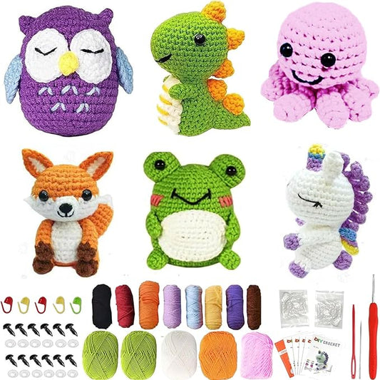 6PCS Crochet Kit for Beginners, Beginners Knitting Kit for Adults, Cute Animals Complete Starter Kit with Step-by-Step Video Tutorials and Instructions, Christmas Gifts for Adults and Friends