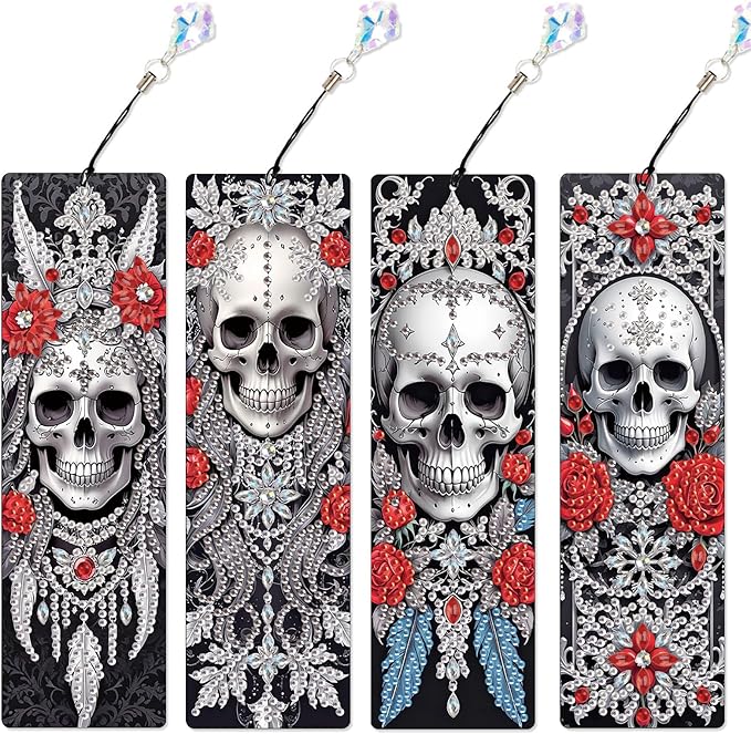 4 Pcs DIY 5D Diamond Painting Bookmark Kit - Special Shaped Crystal Rhinestones, Rose Skull Diamond Art Bookmarks with Crystal Pendant Tassels, Handmade Decorative Bookmarks Gift Set for Book Lovers
