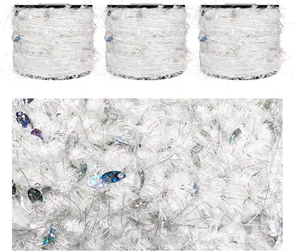 Artisanal Yarn Collection Multifiber Fancy Yarn with Iridescent Shimmering Threads & Laser Sequins for Knitting Crocheting Crafts DIY, Set of 3 Rolls (Iridescent White)