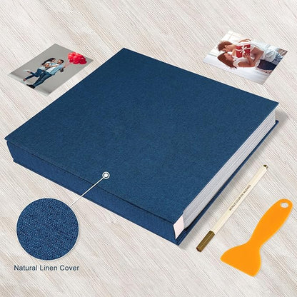 Photo Album Self Adhesive Pages Black Sticky Pages Large Scrapbook Linen Cover for 4x6 5x7 8x10 Pictures Album de Fotos Wedding Couples Baby Family Memory Book, 13.2x12.8 Blue 120 Pages